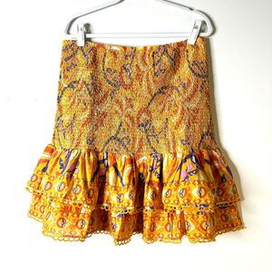 FARM RIO Skirt Women XL Orange Yellow 100% Cotton Palms Party Smocked Mini NWT